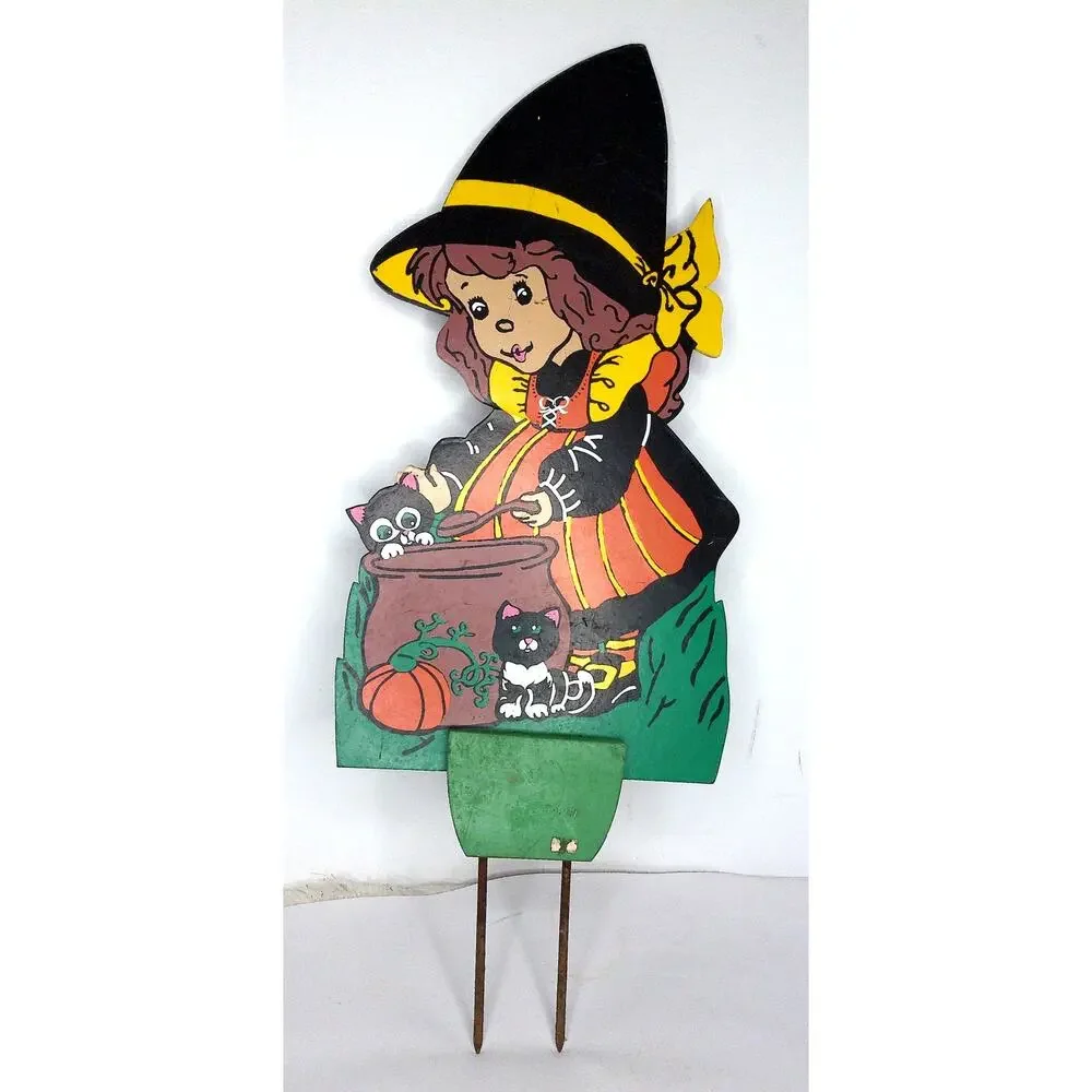Vintage Witch Halloween Wooden Yard Stake Cauldron Black Cat Pumpkin